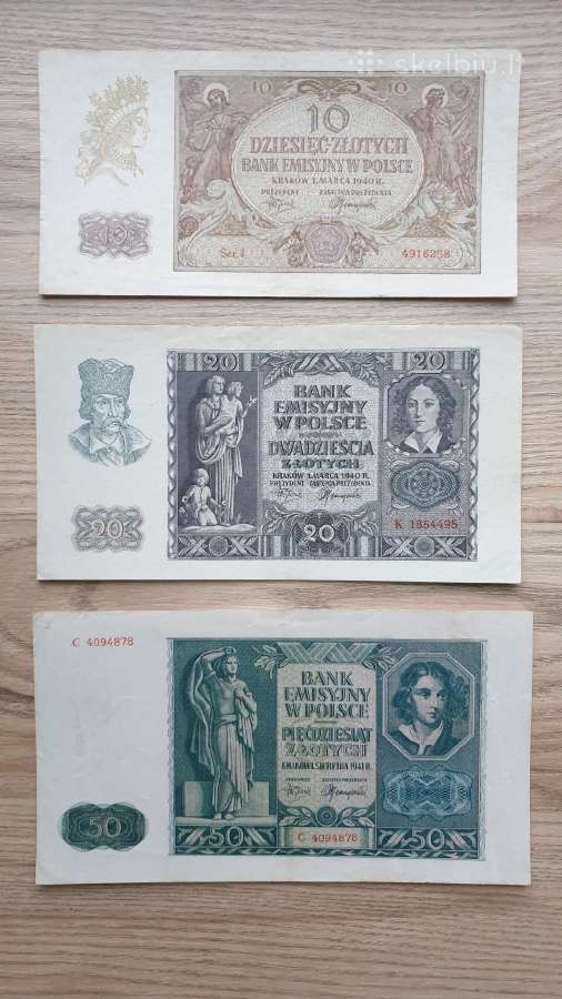 1940 1941 metų zlotai Lenkija banknotų komplektas