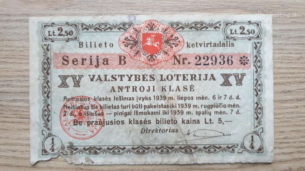 1939 metų valstybinės loterijos bilietas Lietuva