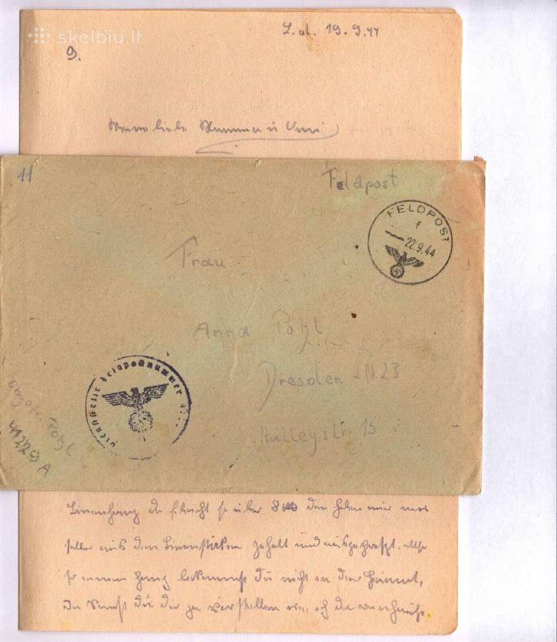 Lauko pastas Lietuva 1944 m. Vokas su laisku