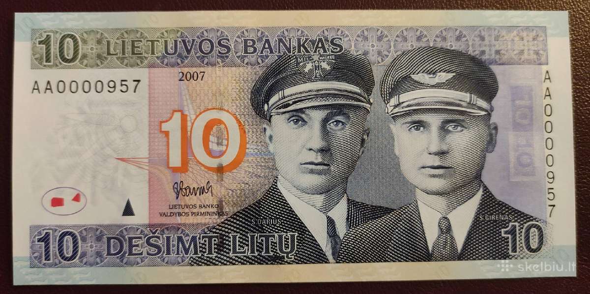 10 Litų 2007 m. žemas numeris Aa0000957 Unc