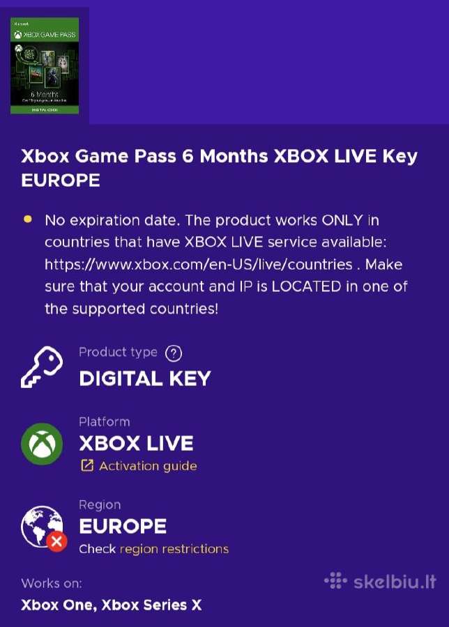 Xbox game pass 6 months xbox live key europe - Skelbiu.lt