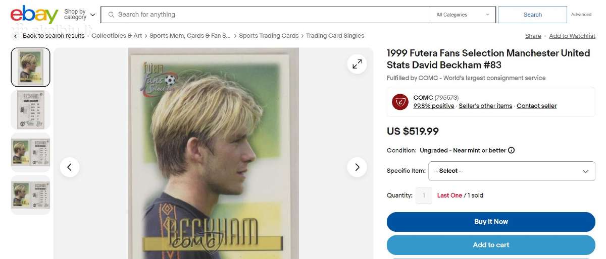 David Beckham 1999 Futera Fans Selection Korta - nuotraukos Nr. 4