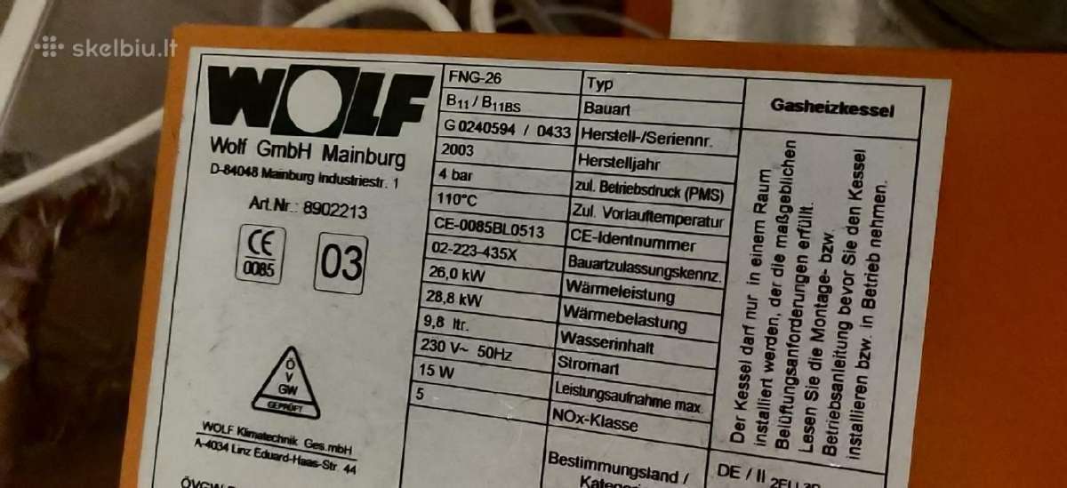 Dujinis šildymo katilas Wolf Fng-26 + boileris