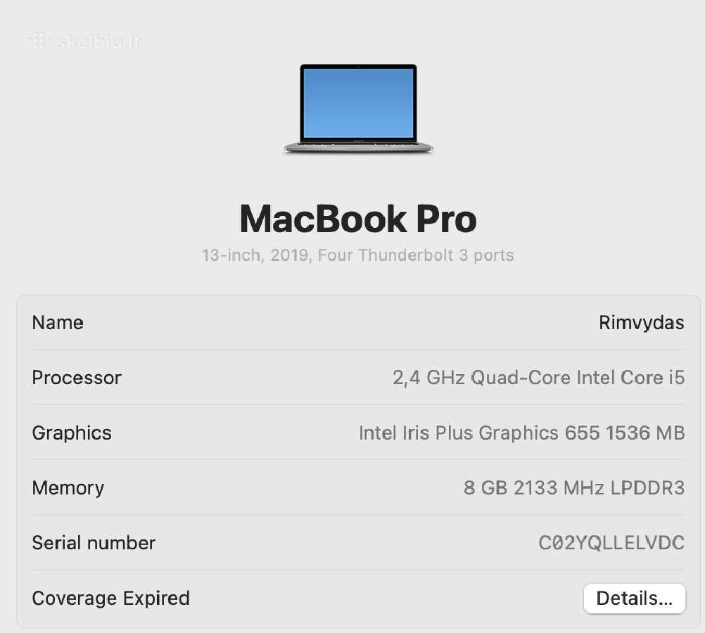 MacBook pro A1989 2019 13.3 - nuotraukos Nr. 2
