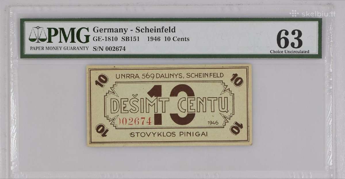 Scheinfeld stovyklos pinigas 10 centų 1946 Pmg 63