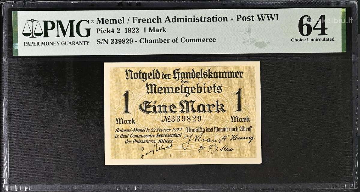 Memelis 1 Mark 1922 m. Pmg 64 Memel