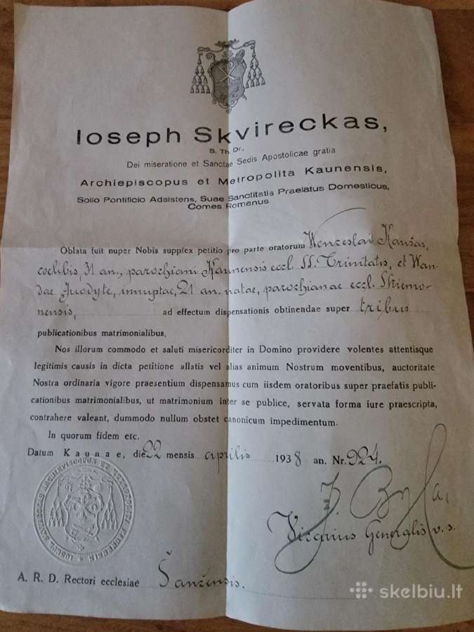 1938m.arkivyskupo -metropolito J.skvirecko raštas