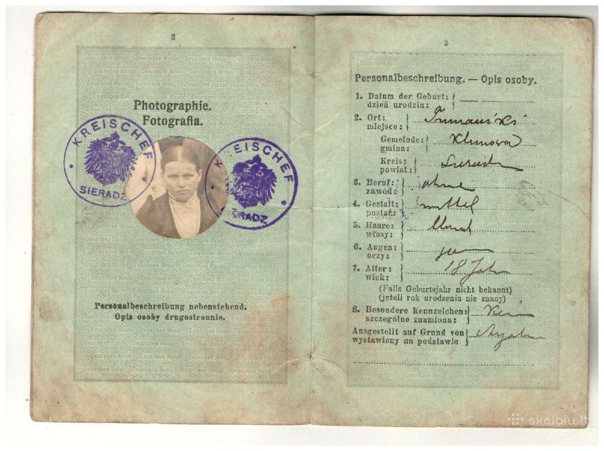 Lenkijos pasas 1915 Sieradz Polen 1915