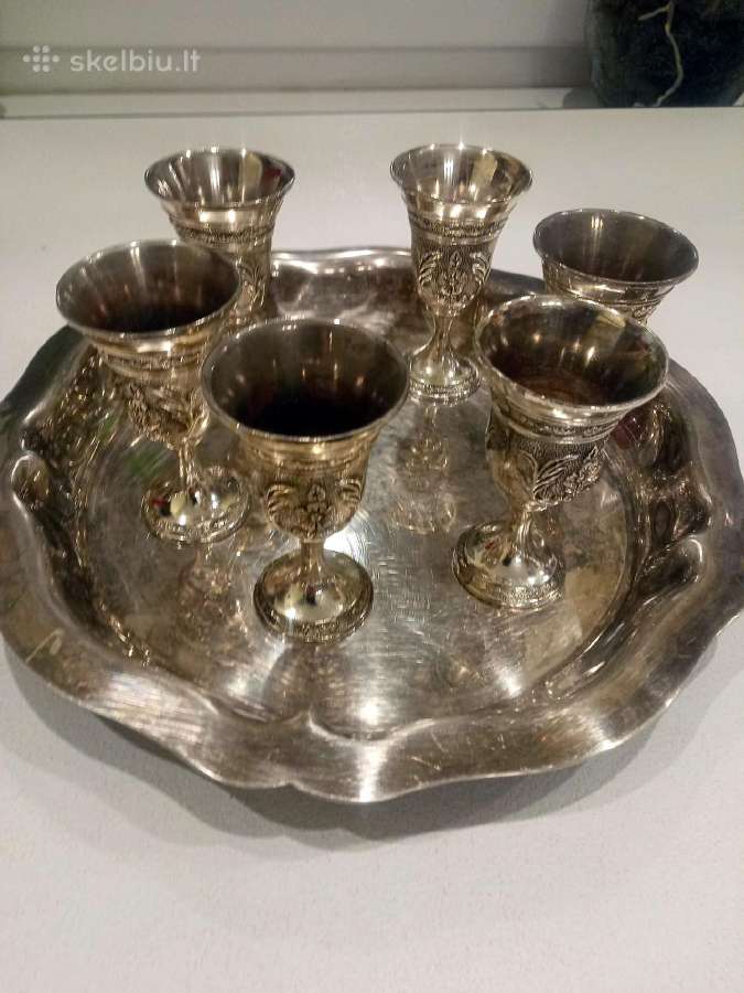 Senovinės melchiorinės taurelės su padėklu. - nuotraukos Nr. 4
