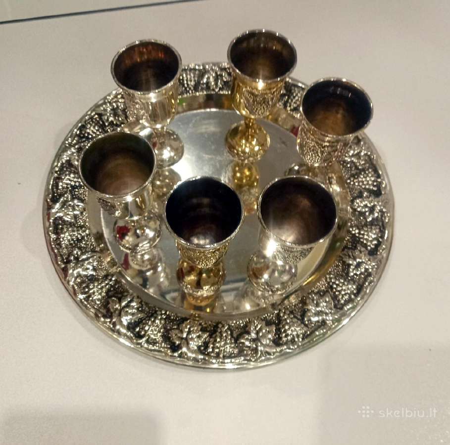 Senovinės melchiorinės taurelės su padėklu. - nuotraukos Nr. 2