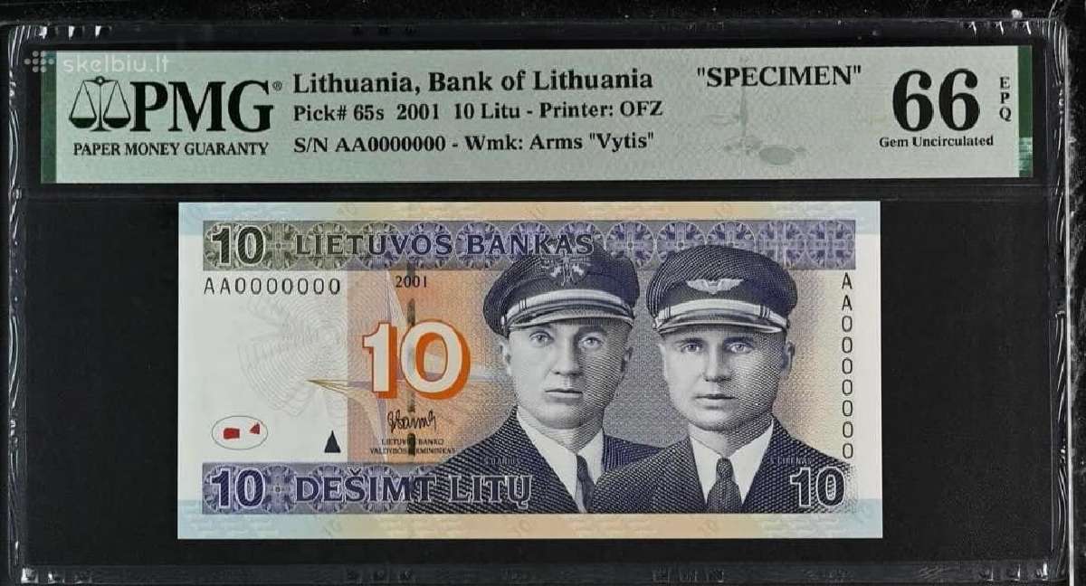 2001 m. 10 litų pavyzdys Pmg66 be užrašo