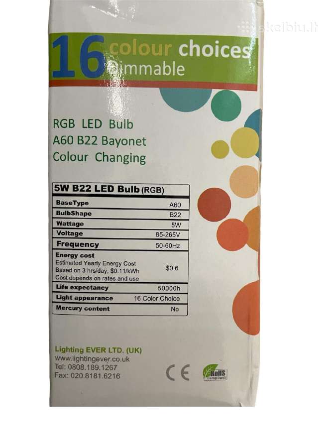 LED lempa Bulb A60 B22 Rgb LED lemputė 5w Rgb - nuotraukos Nr. 5