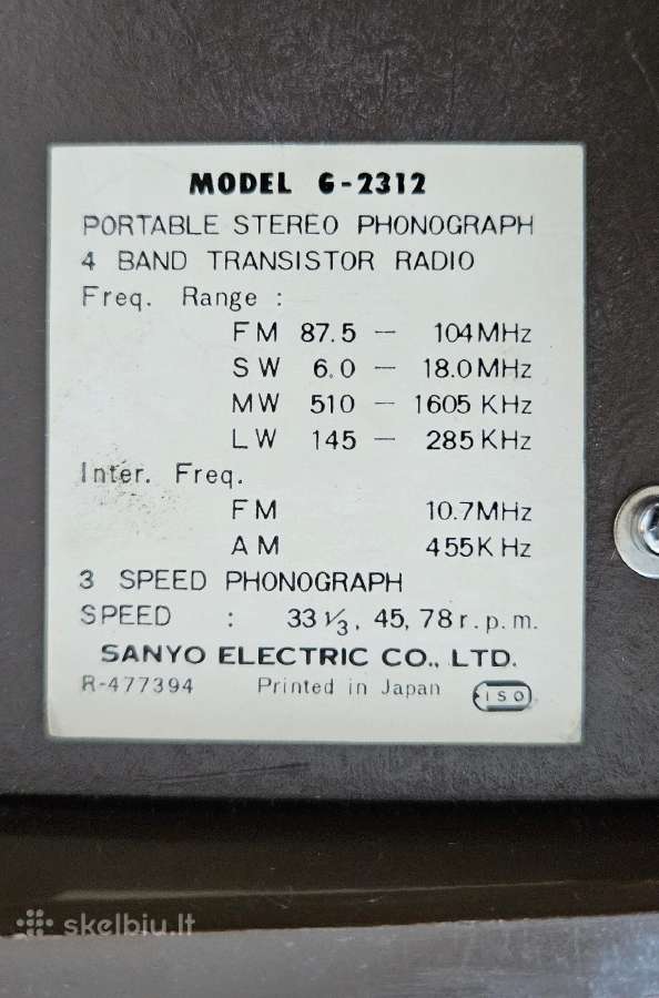 Sanyo G-2312 vintažinis nešiojamas fonografas - nuotraukos Nr. 6