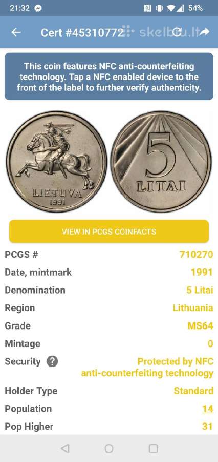 Parduodamas su broku Unc 5 litai 1991 Pcgs Ms64