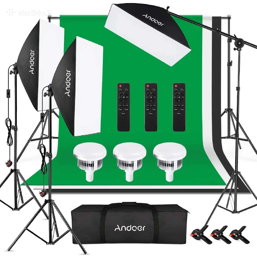 Naujas fotostudijos rinkinys su fonais ir softbox