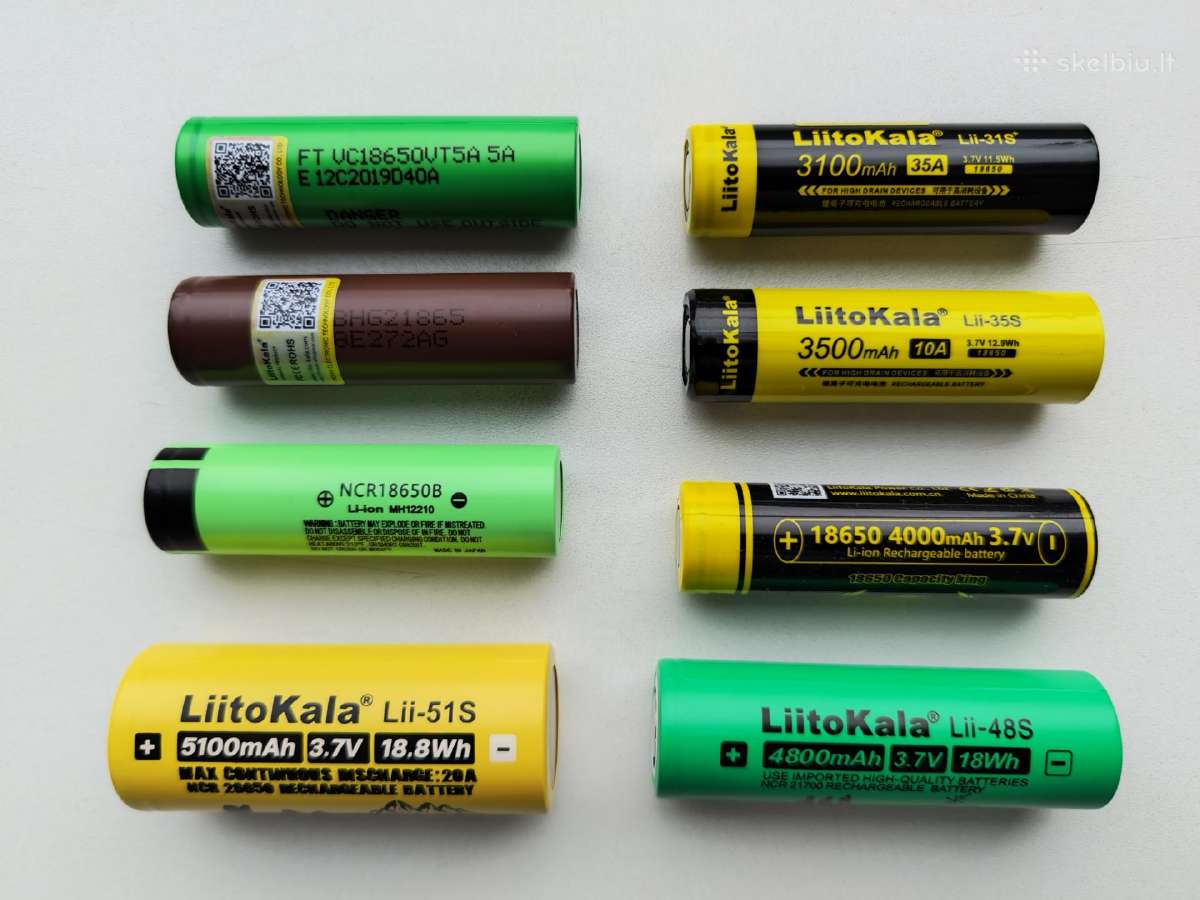Liitokala 18650 26650 21700 baterijos, krovikliai