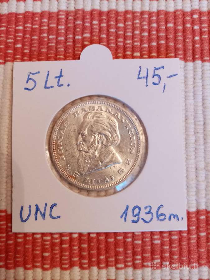 5 Litai 1936 m. Unc - Originalas. Sidabras.