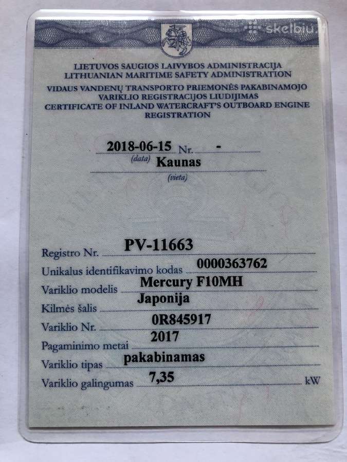 Valtis,variklis Mercury F10mh ir kt. įranga - nuotraukos Nr. 7