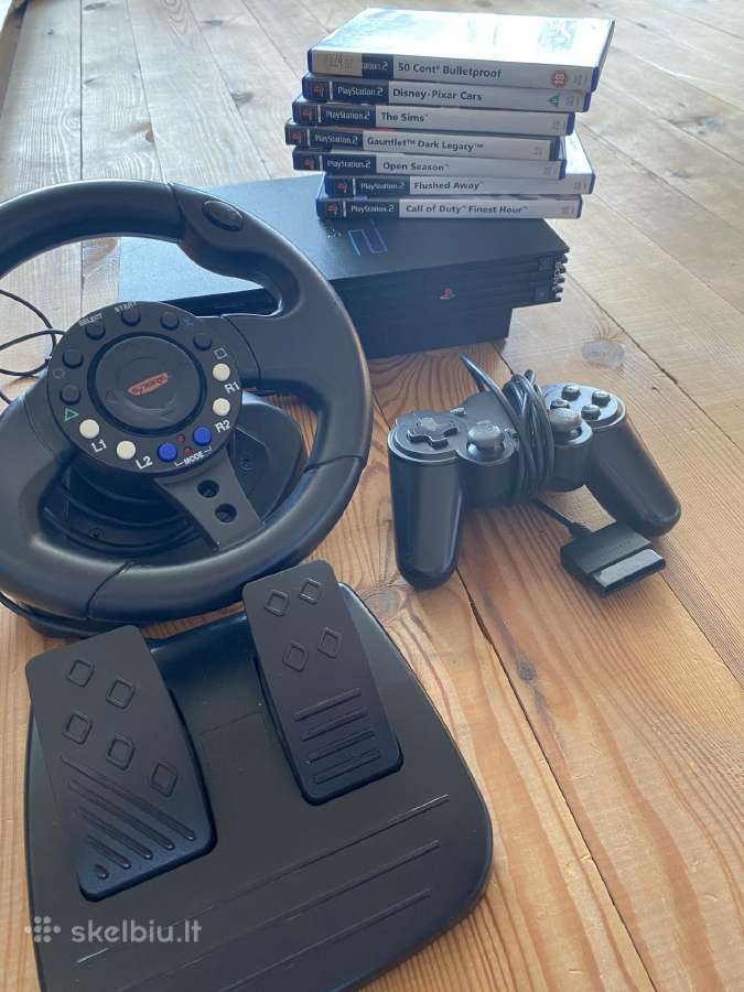 Playstation2 + žaidimai, vairas, pedalai