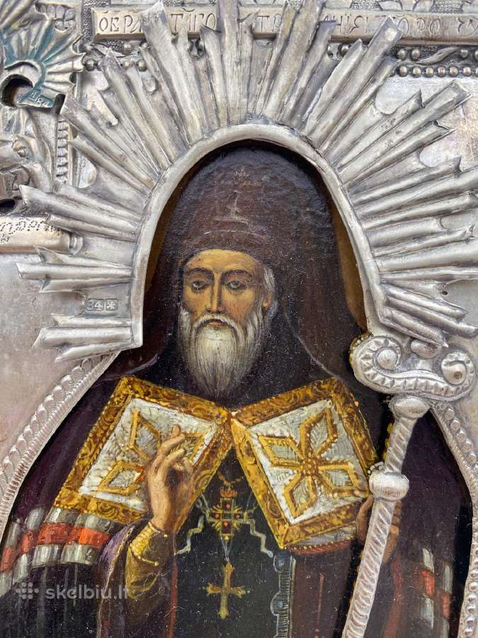 Senovinė ikona sidabriniu aptaisu ir kiotu - nuotraukos Nr. 4