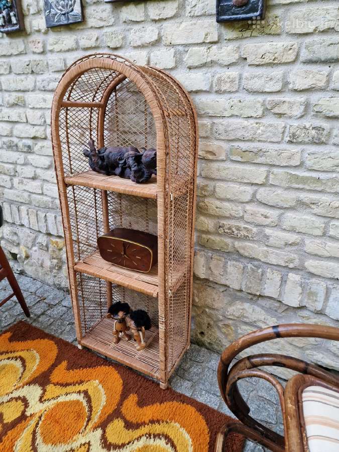Vintažinė mid century pinta ratango etažerė