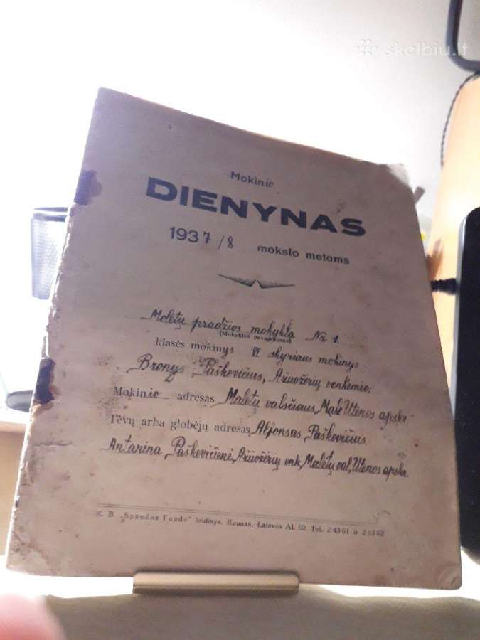 Mokinio dienynas 1937/8 mokslo metams