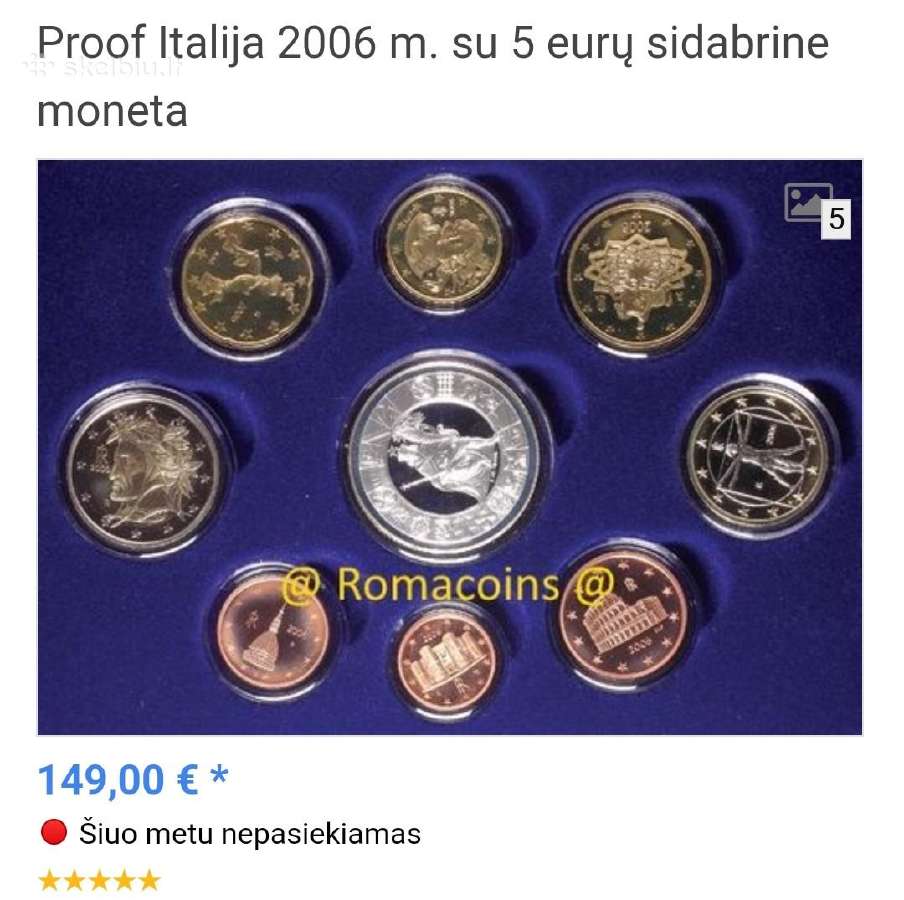 Proof Italija 2006 m. su 5 eurų sidabrine moneta. - nuotraukos Nr. 3