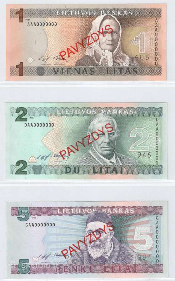 Lietuva 1, 2, 5 litai 1993 1994 Pavyzdys Pmg - nuotraukos Nr. 2