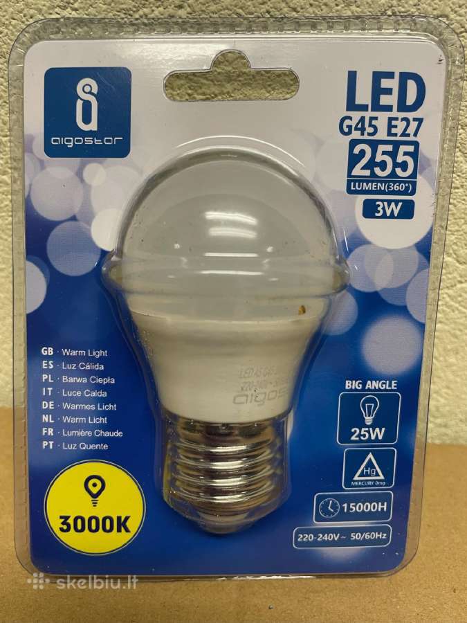LED lempa, 3w, E27 ,G45, 230v, 3000k, 255 lm,