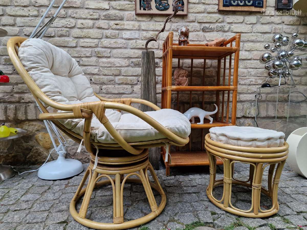 Vintažinis mid century ratango fotelis su pakoju - nuotraukos Nr. 2