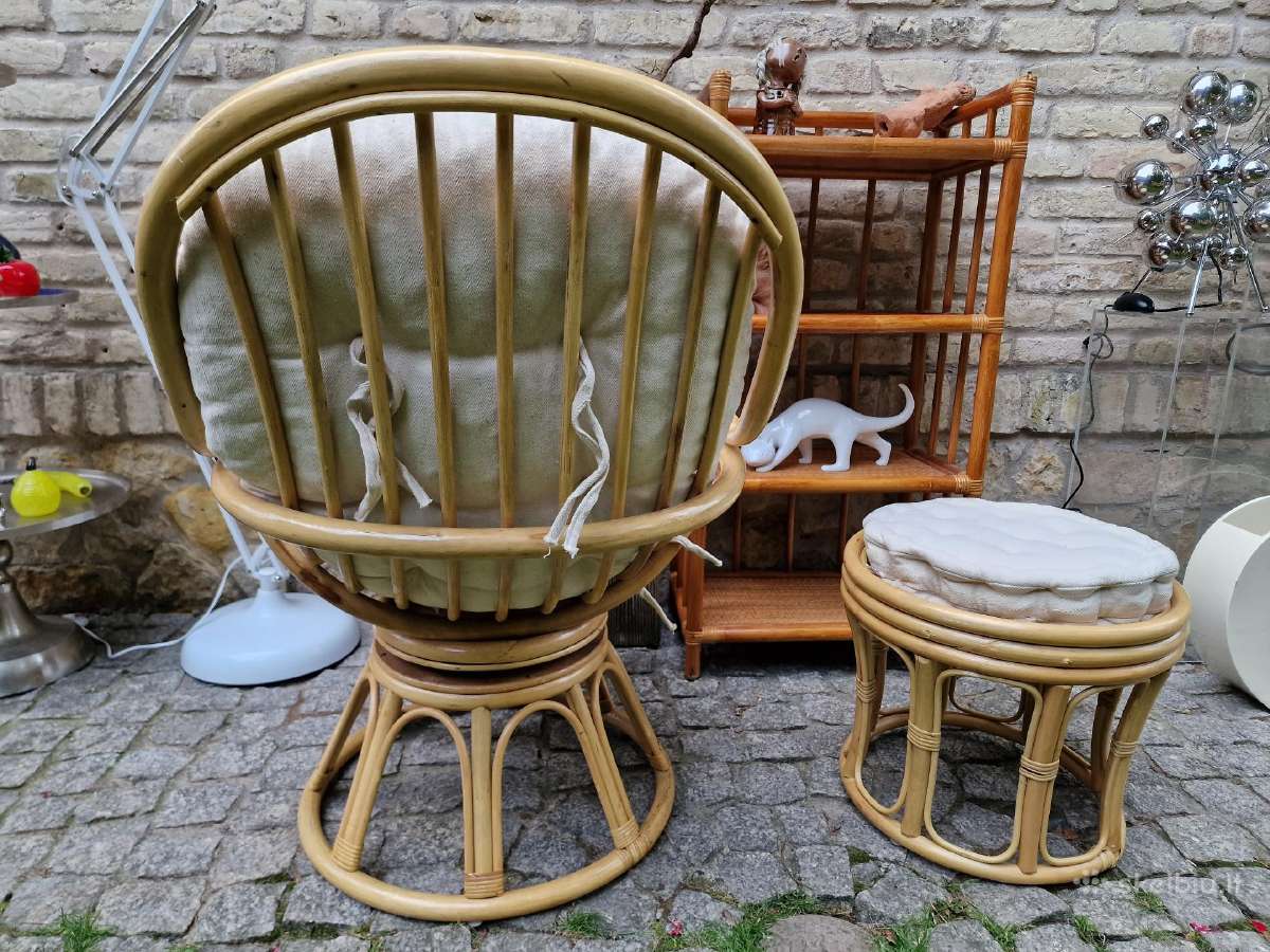 Vintažinis mid century ratango fotelis su pakoju - nuotraukos Nr. 3