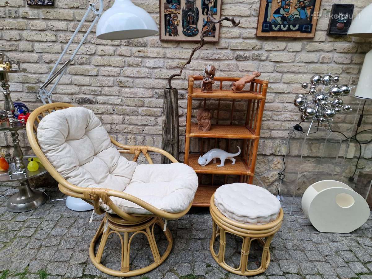 Vintažinis mid century ratango fotelis su pakoju - nuotraukos Nr. 4