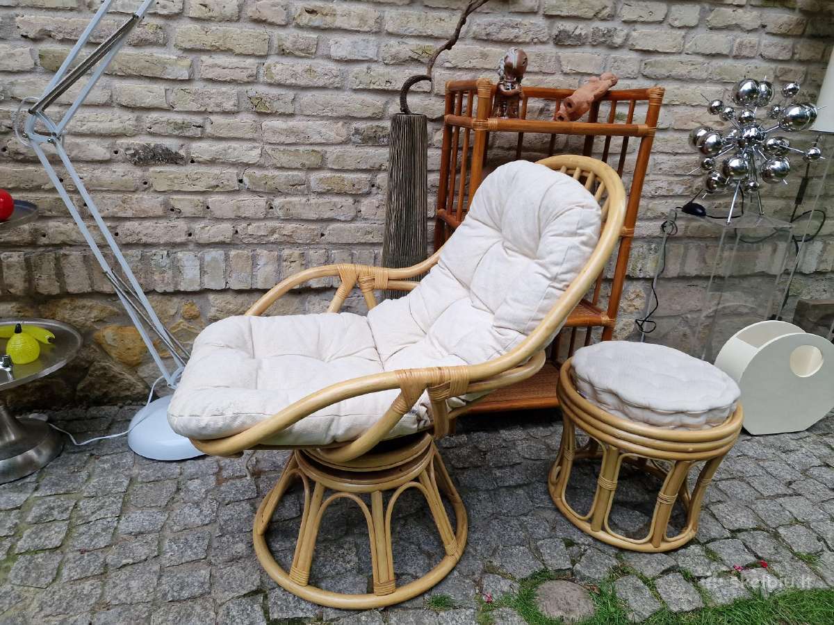 Vintažinis mid century ratango fotelis su pakoju - nuotraukos Nr. 5