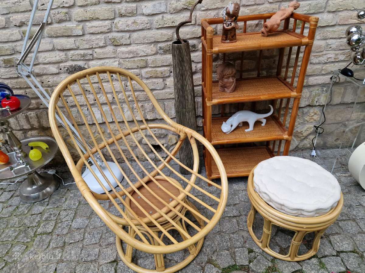 Vintažinis mid century ratango fotelis su pakoju - nuotraukos Nr. 6