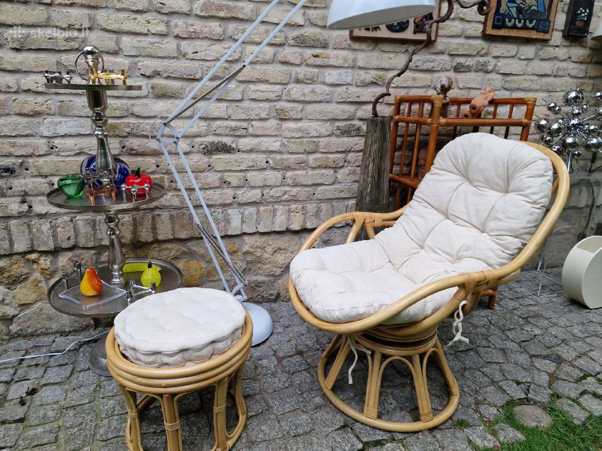 Vintažinis mid century ratango fotelis su pakoju - nuotraukos Nr. 7