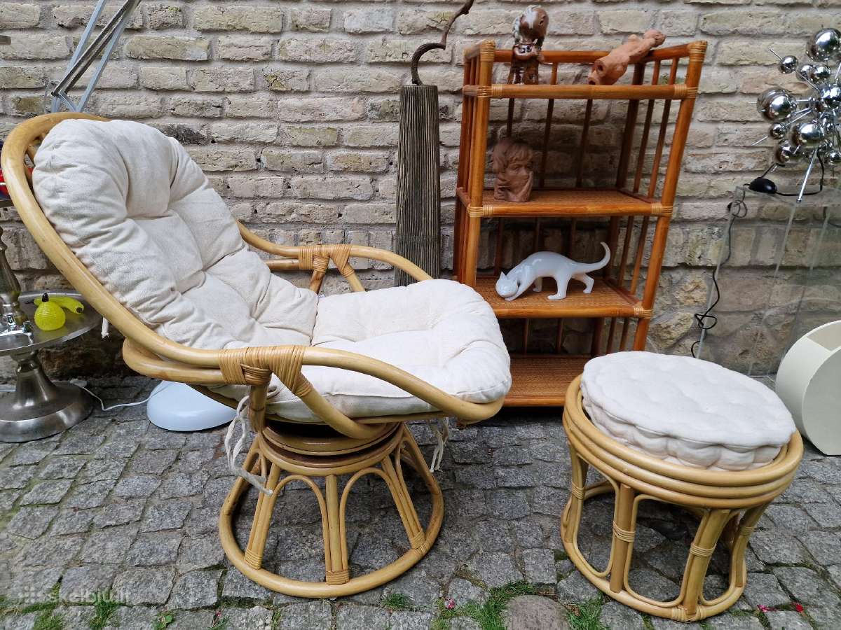 Vintažinis mid century ratango fotelis su pakoju - nuotraukos Nr. 15