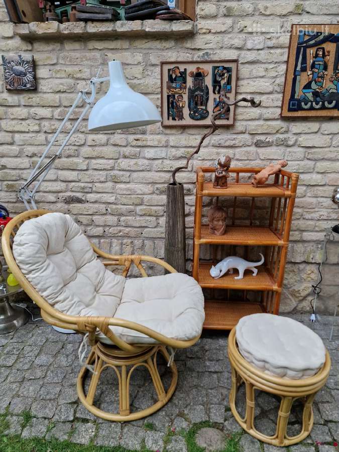 Vintažinis mid century ratango fotelis su pakoju - nuotraukos Nr. 19
