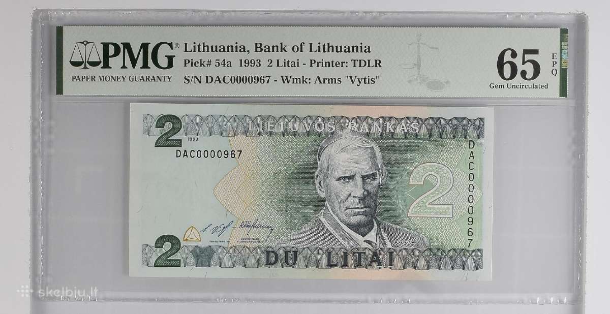 1993 2 litai Žemas numeris Pmg65