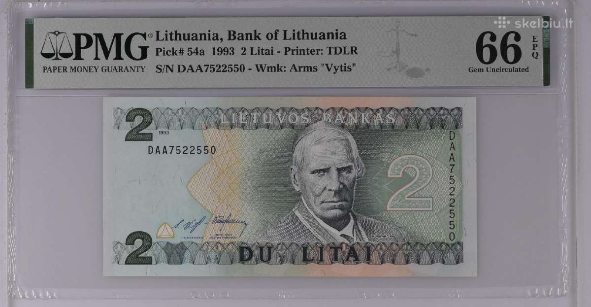 1993 2 litai pirma serija Daa, Unc, Pmg66