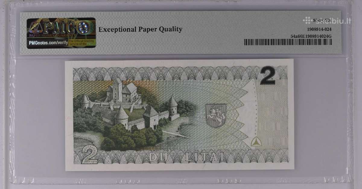 1993 2 litai pirma serija Daa, Unc, Pmg66 - nuotraukos Nr. 2