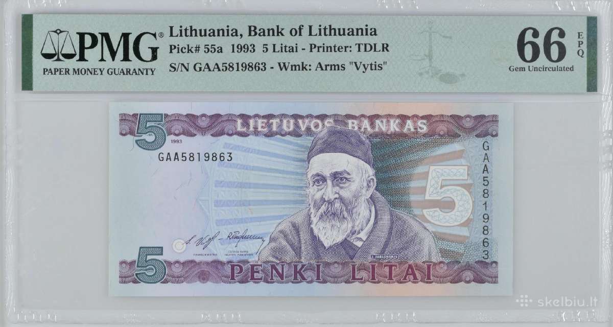 1993 5 litai pirma serija Gaa, Unc, Pmg66