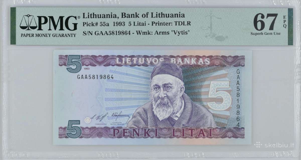 1993 5 litai pirma serija Gaa, Unc, Pmg67