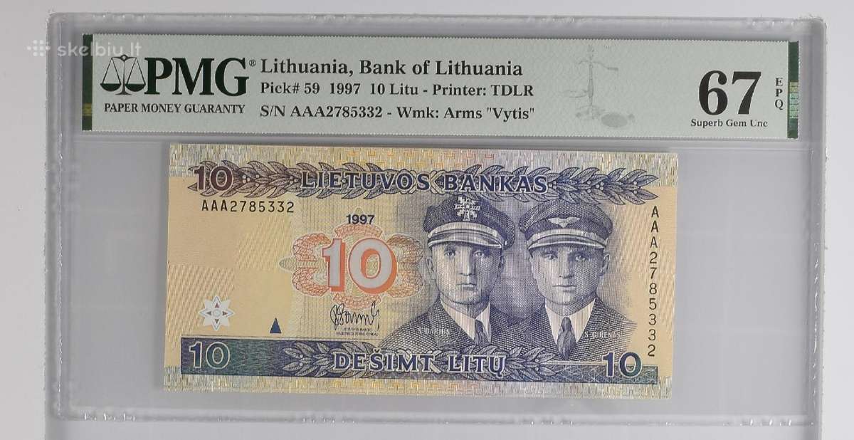 1997 10 litų pirmoji serija Aa, Unc, Pmg67
