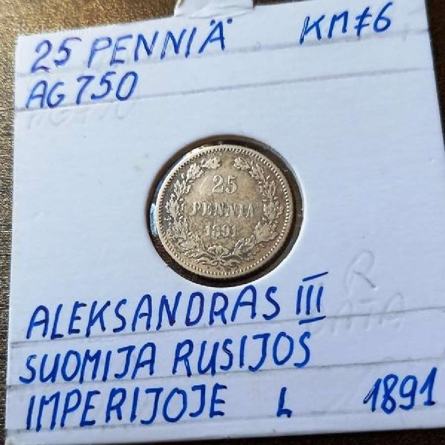 Suomija-rusija 1891 25 peni (sidabras)