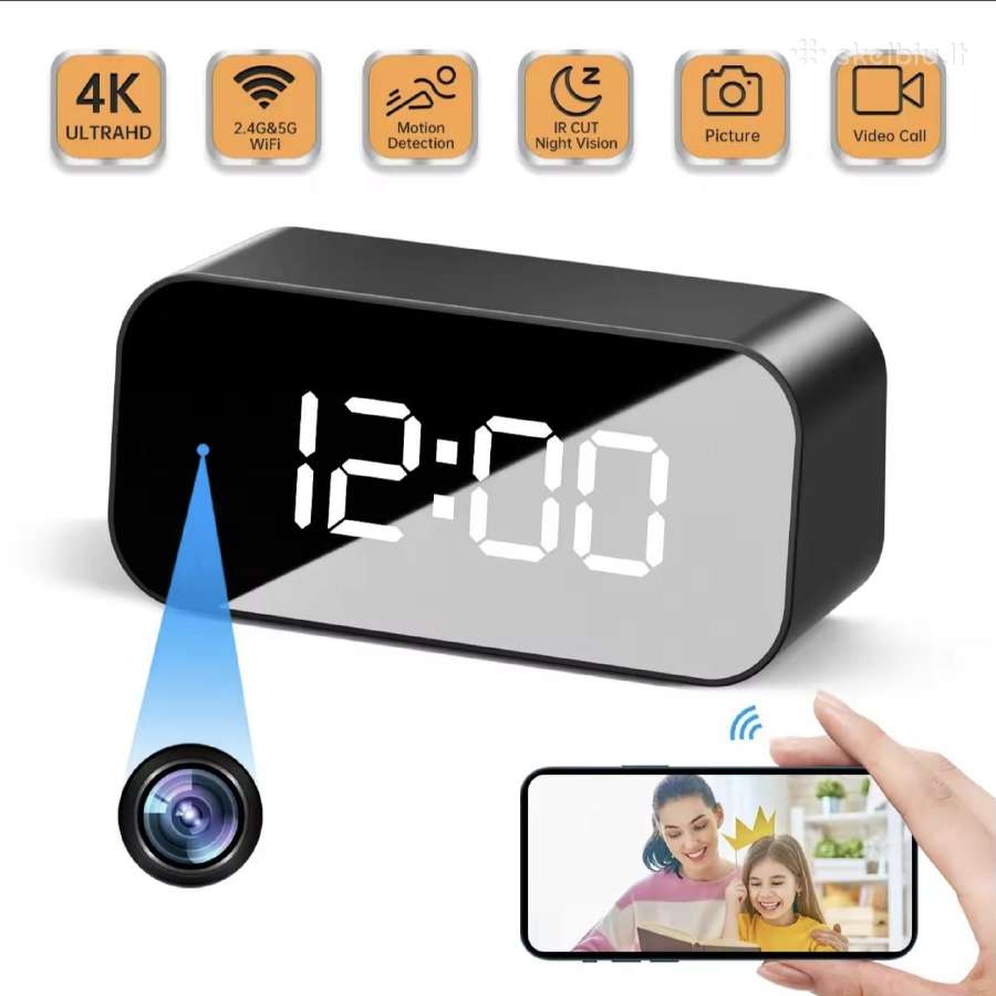 Laikrodis su paslėpta 4k WiFi kamera