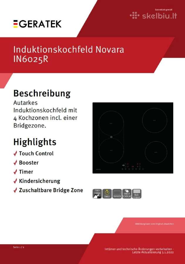 Indukcinė kaitlentė Geratek 60cm (su rėmeliu) - nuotraukos Nr. 4