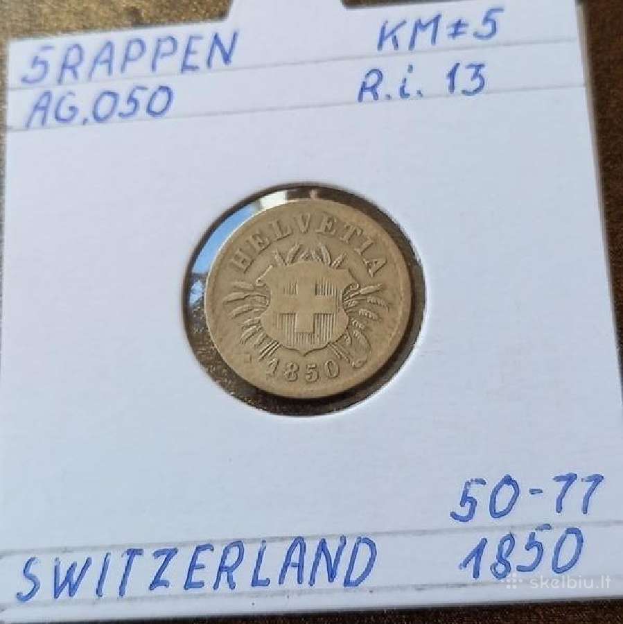 Šveicarija 1850 5 rapen (sidabras)