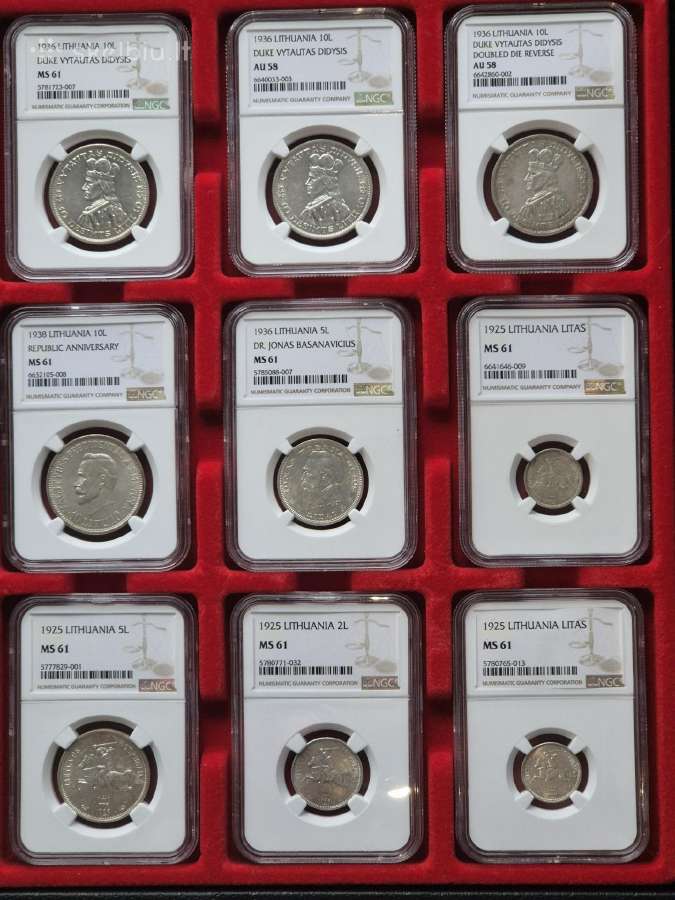 Pilna Smetoninio sidabro monetų kolekcija. Ngc.