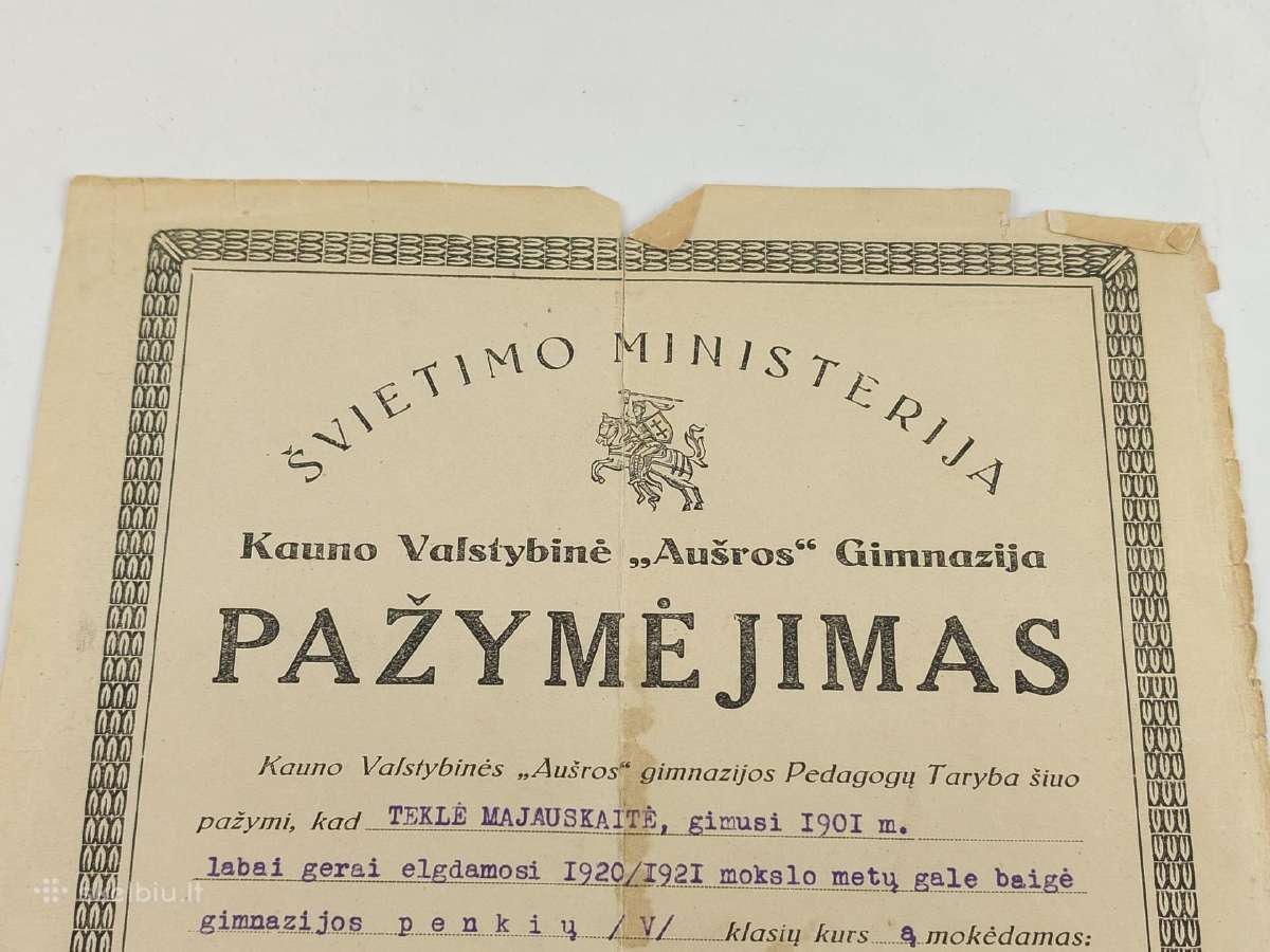 Tarpukario Aušros gimnazijos atestatas - nuotraukos Nr. 2