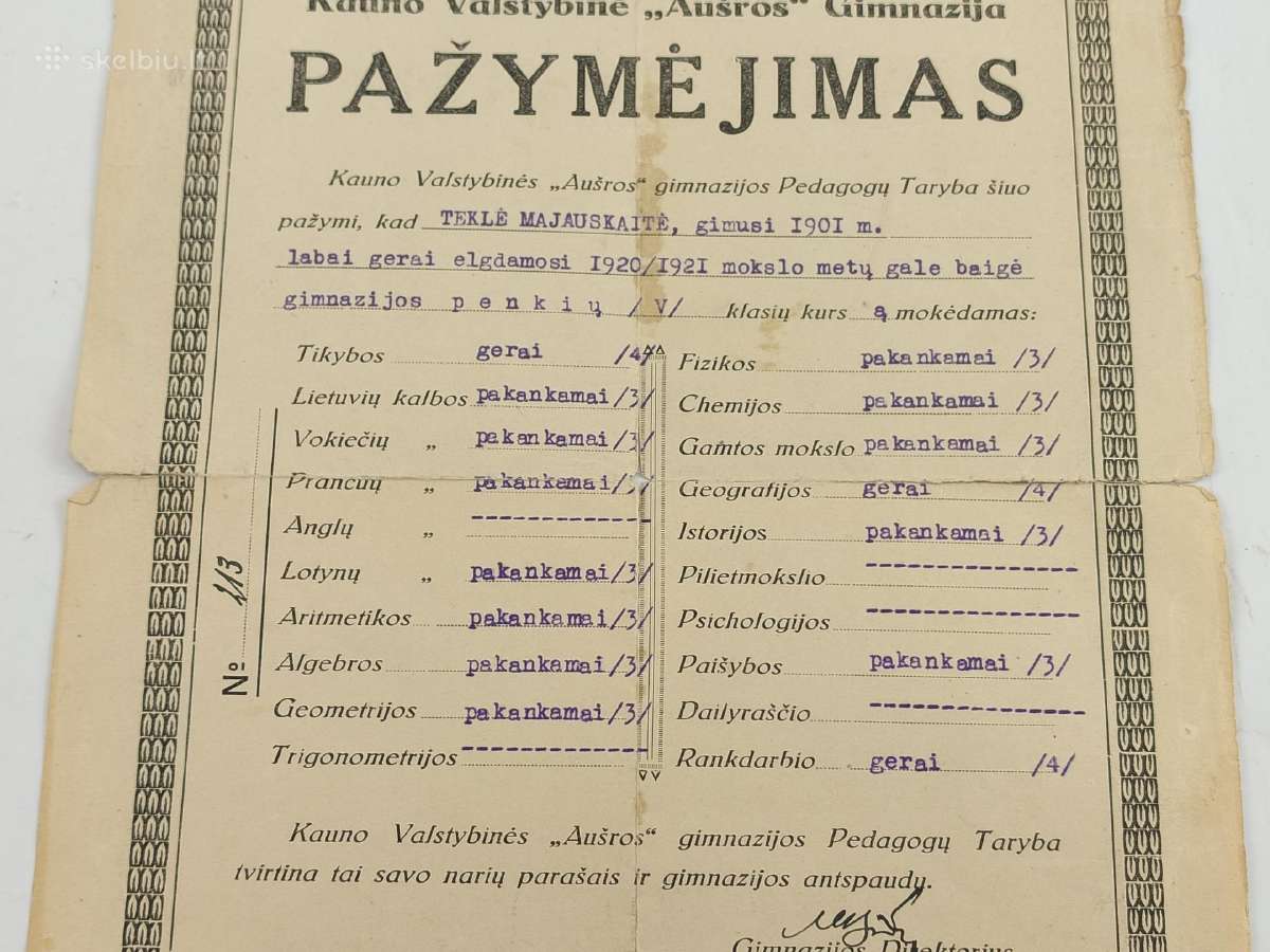 Tarpukario Aušros gimnazijos atestatas - nuotraukos Nr. 3